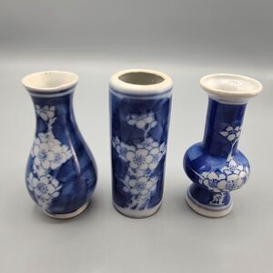 Cobalt Blue & White Porcelain Cherry Blossom Bud Vases 4 Inches Set of 3